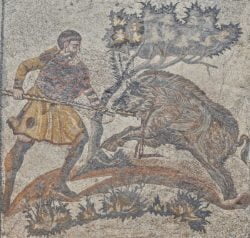 caza del jabalí, mosaico romano